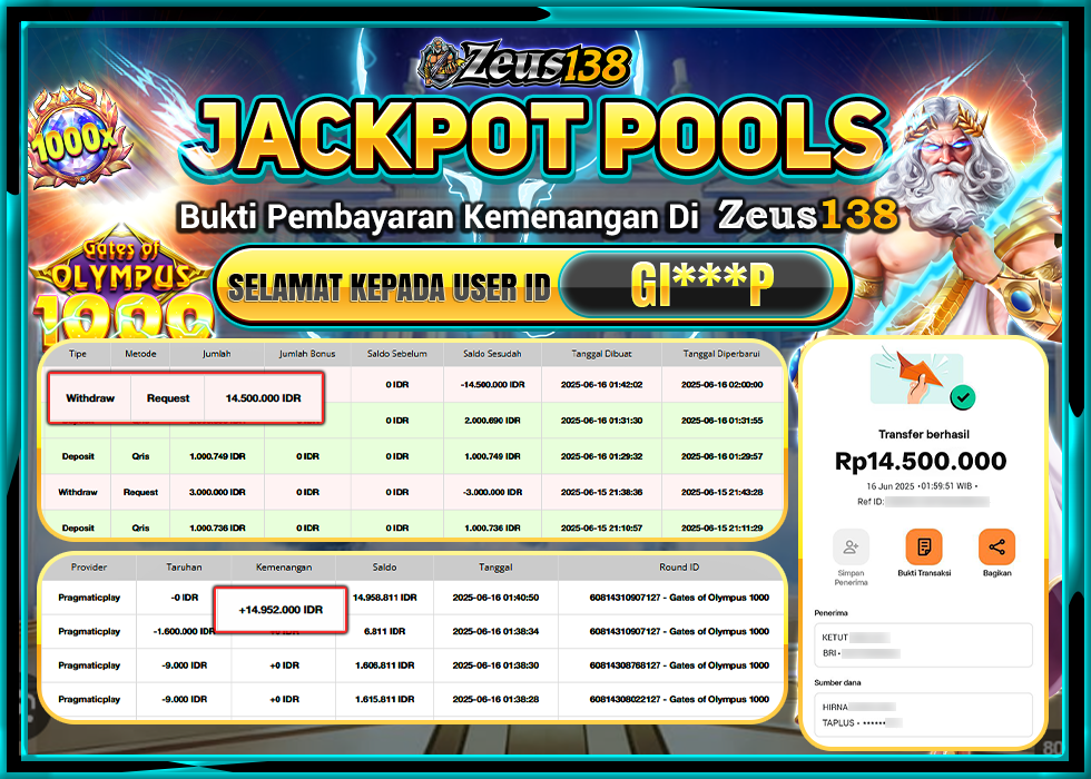 ZEUS138 GATES OF OLYMPUS 1000  Rp.14.500.000, LUNAS